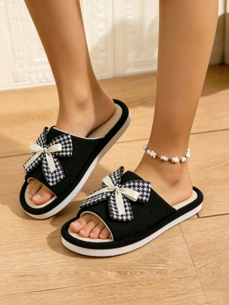 Women'S Shoes Trendy - Ladies Bow Decor Linen Slippers with