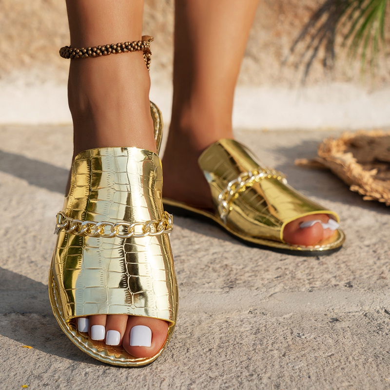Gold Chain Sandal - Women's Glitter Gold Slippers Metallic Textured