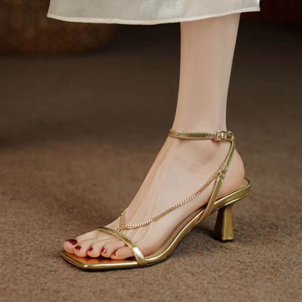 Gold Chain Sandal - Gold Women's Fashion Sandals, Open-toed Stilettos,