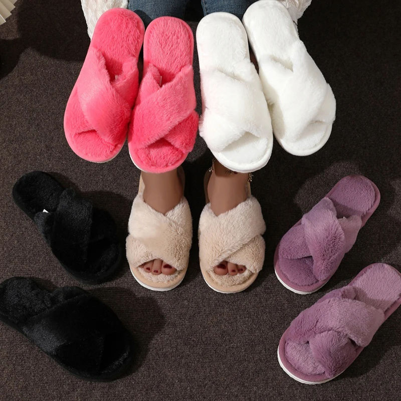 Fluffy Fur Slipper - Cross Warm Fluffy Furry Slippers Women