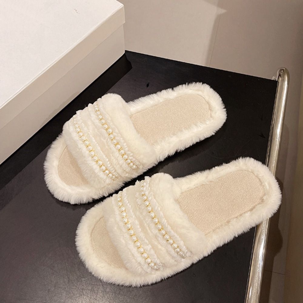 Cute Thick Sole Pearl Slippers - مراجعة Fluffy Fur Slipper وسعره