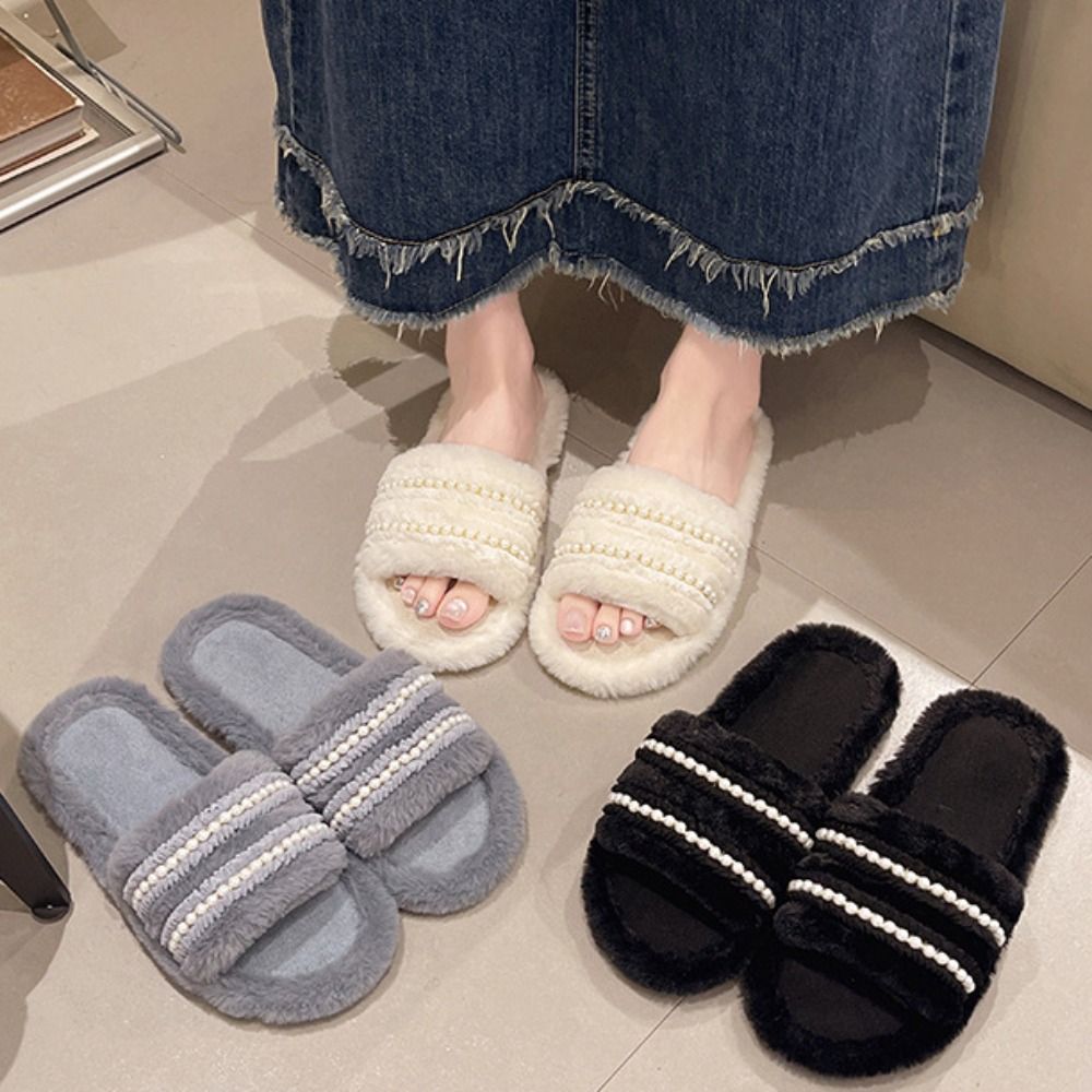 Cute Thick Sole Pearl Slippers - مراجعة Fluffy Fur Slipper وسعره