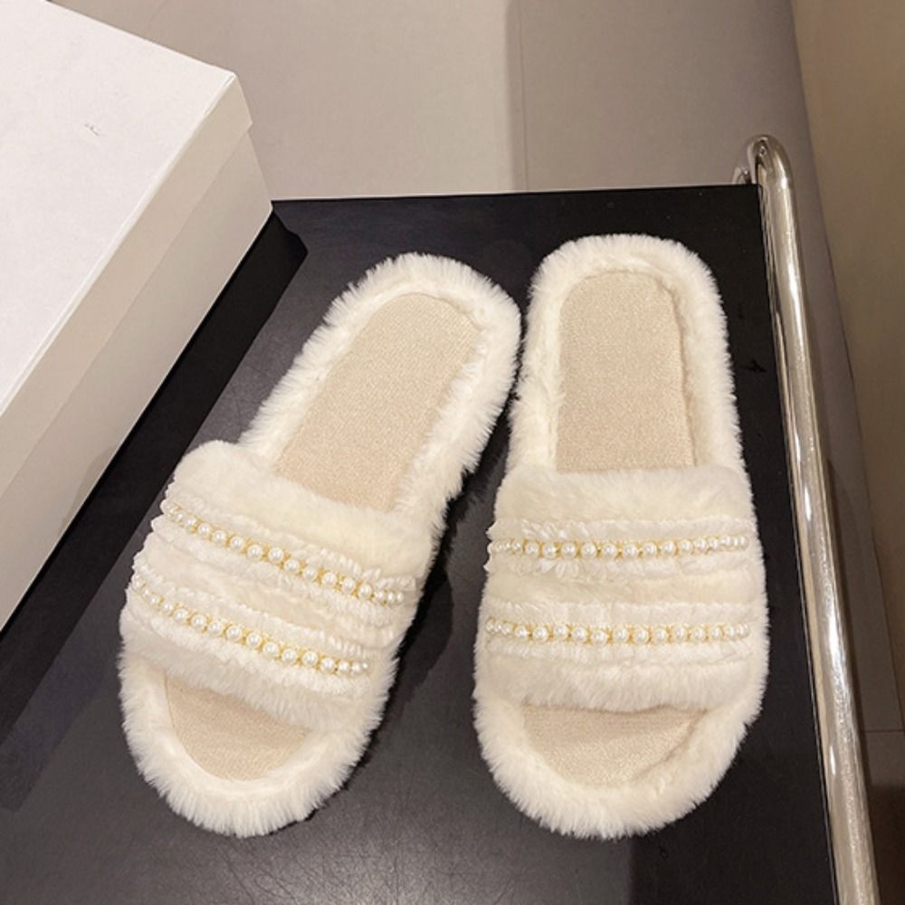 Cute Thick Sole Pearl Slippers - مراجعة Fluffy Fur Slipper وسعره